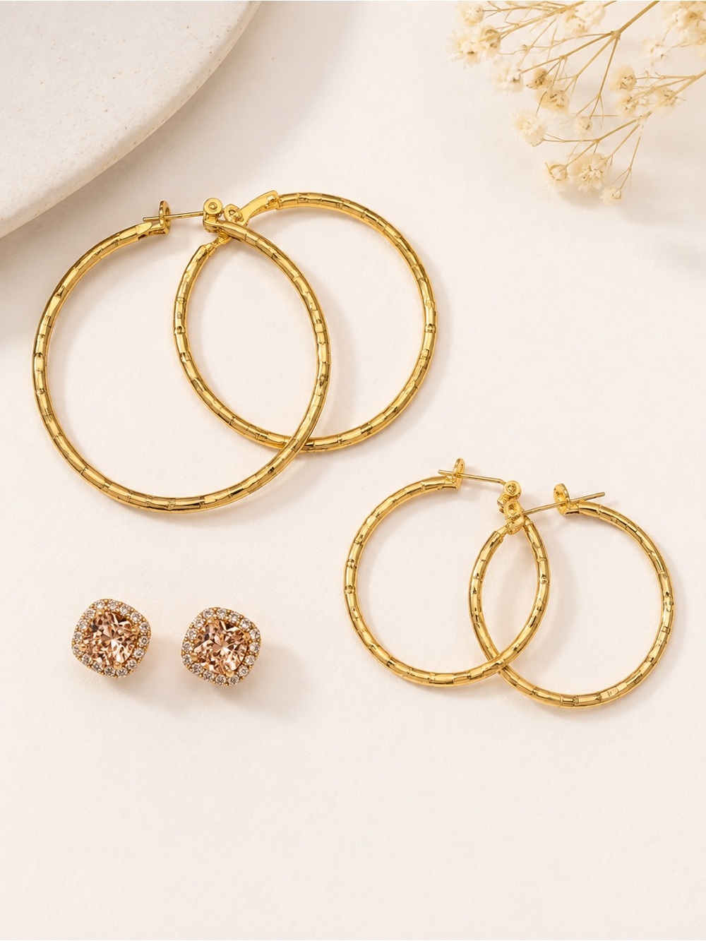 Gold Tone Hoop & Crystal Stud Earrings Set of 3 Pairs